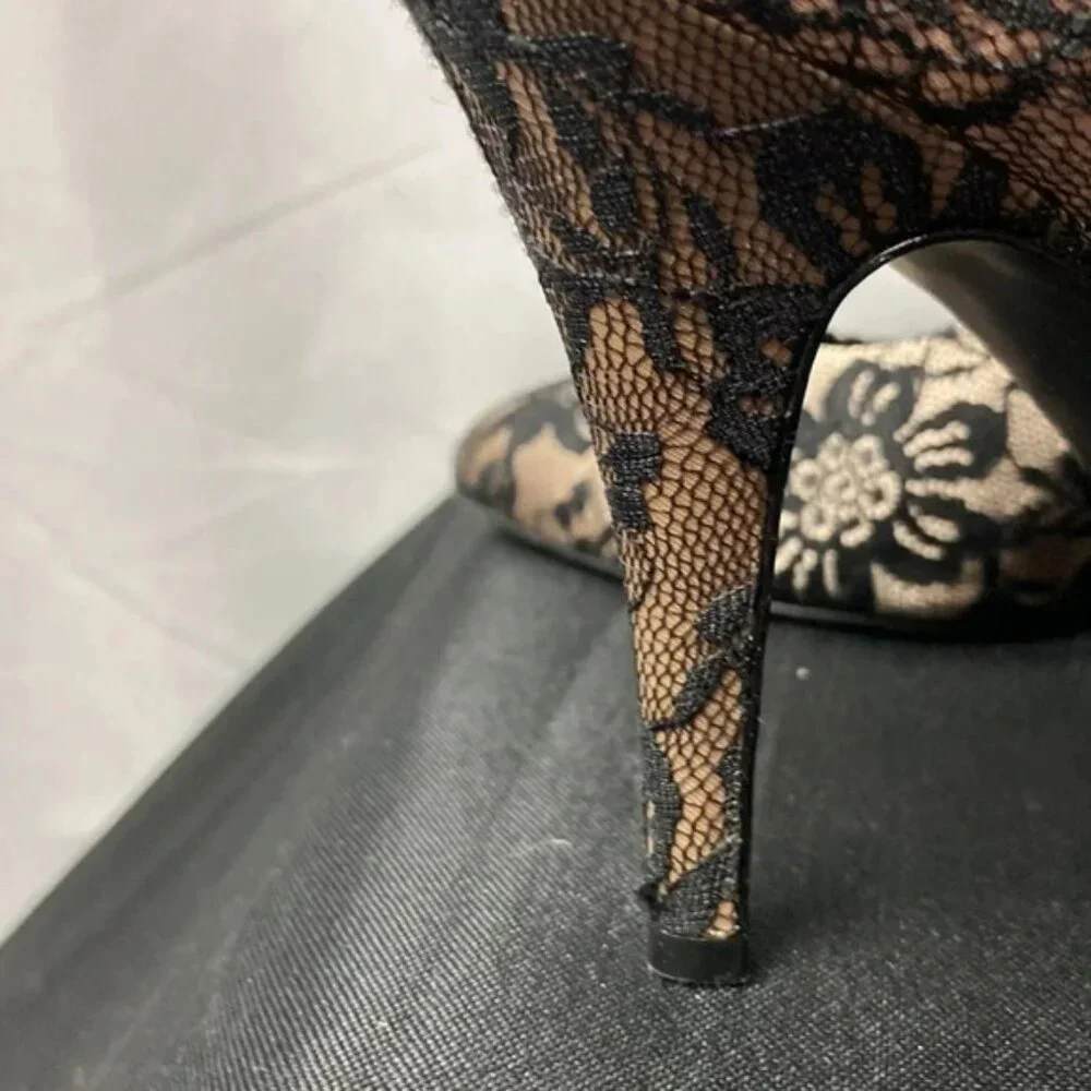 GIANNI BINI WO SIZE 8.5 BLACK FLORAL LACE PUMP SHOE 4” HEEL LEATHER SOLE… - Picture 4 of 13